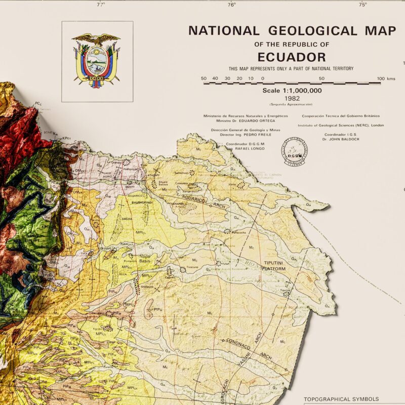Ecuador Map 1982, Geology :Shaded relief map – flat print (not a 3D raised map)