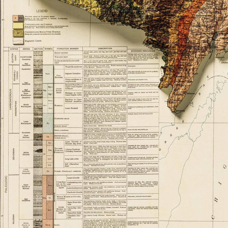 Michigan Map 1916, Geology :Shaded relief map – flat print (not a 3D raised map)