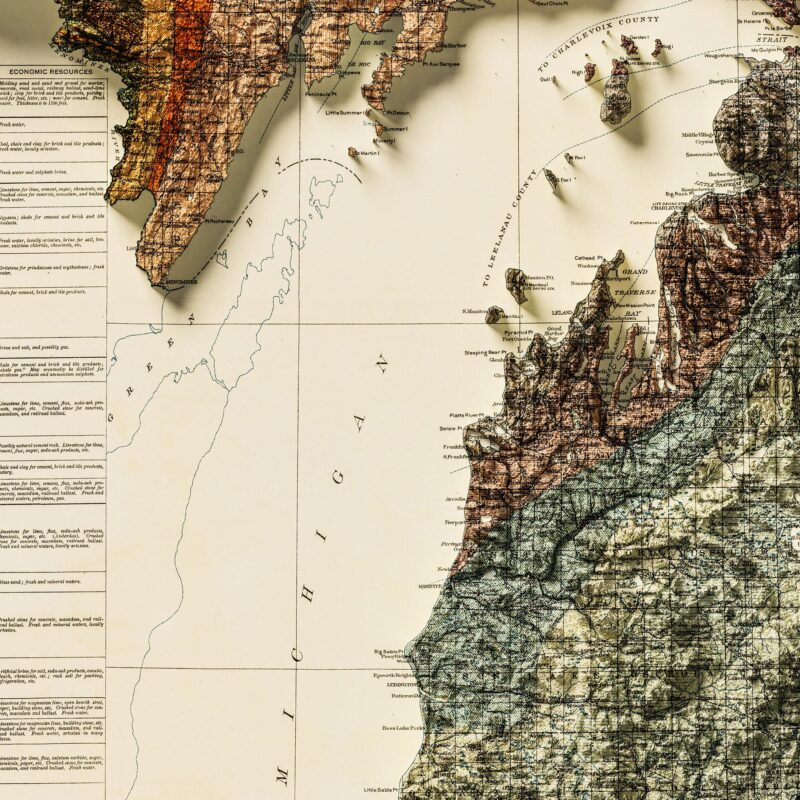 Michigan Map 1916, Geology :Shaded relief map – flat print (not a 3D raised map)