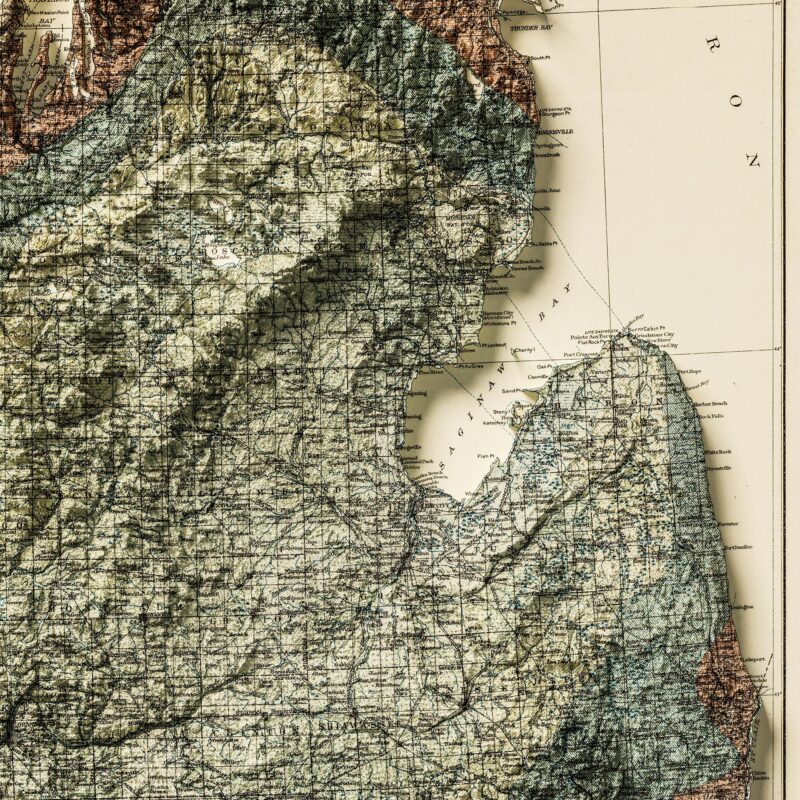 Michigan Map 1916, Geology :Shaded relief map – flat print (not a 3D raised map)