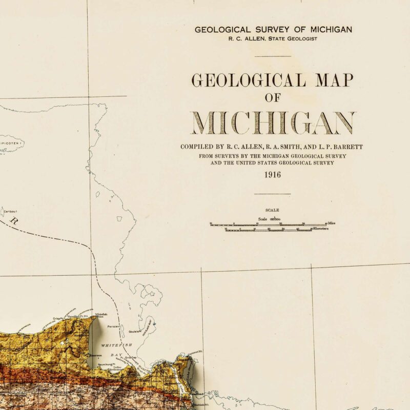 Michigan Map 1916, Geology :Shaded relief map – flat print (not a 3D raised map)