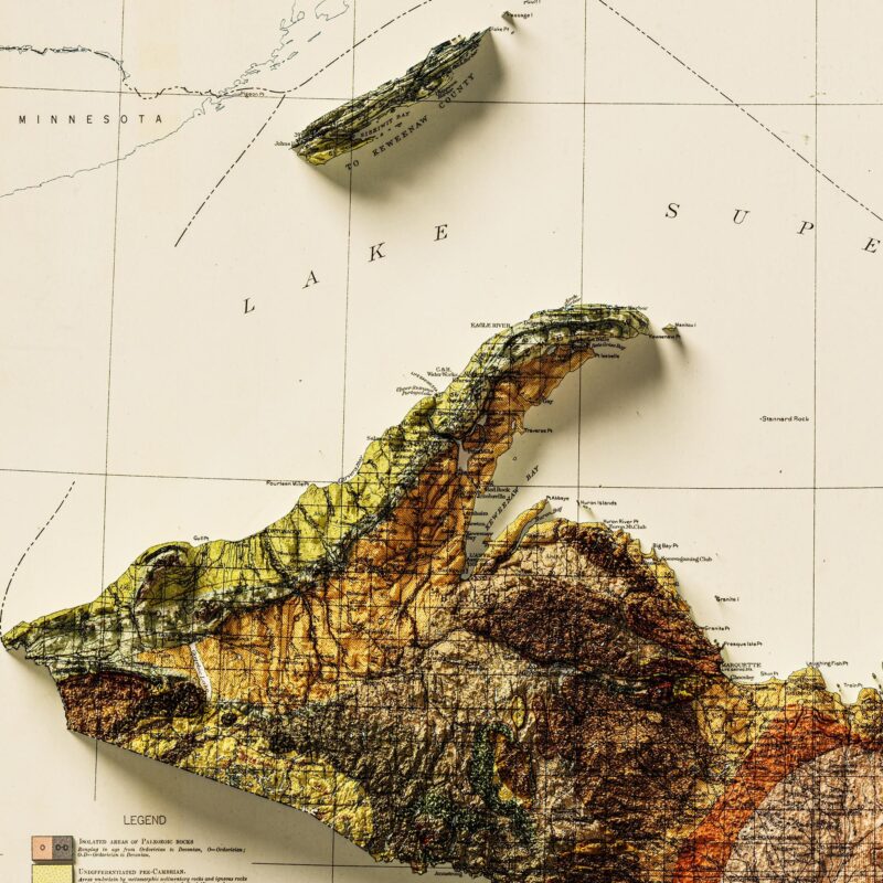 Michigan Map 1916, Geology :Shaded relief map – flat print (not a 3D raised map)