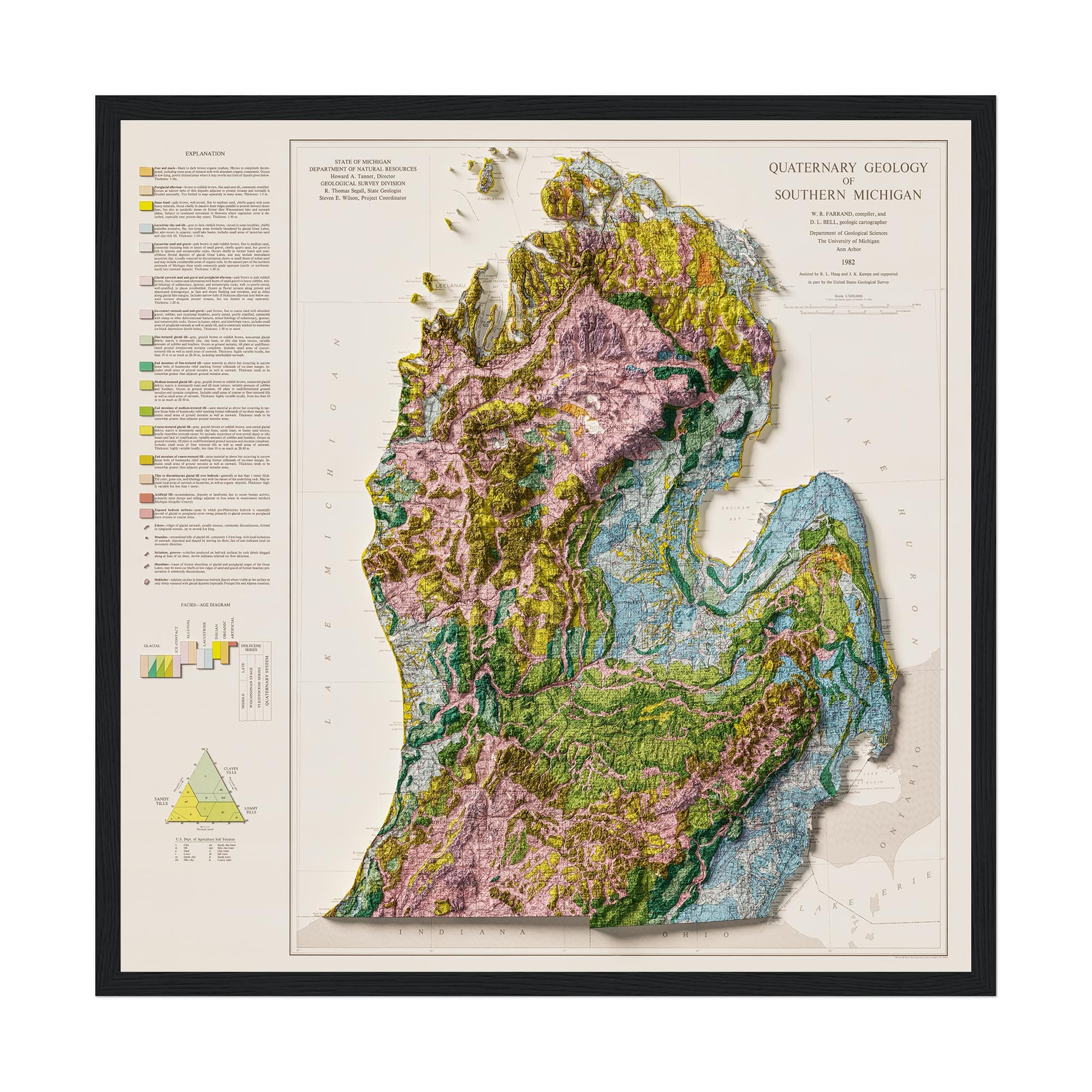 Lower Peninsula of Michigan Map 1982, Geology :Shaded relief map – flat print (not a 3D raised map)