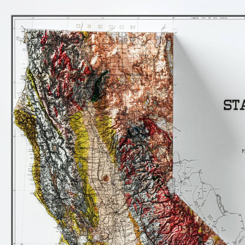 California Map 1916 Poster :Shaded relief map – flat print (not a 3D raised map)