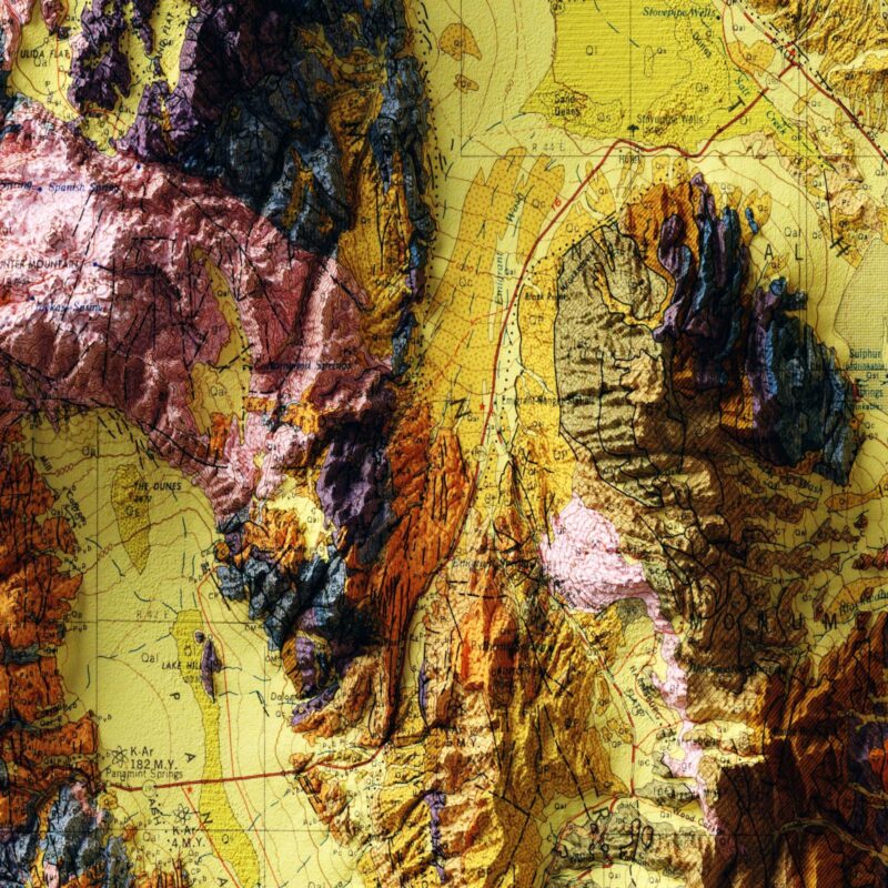 Death Valley California Map 1980, Geology :Shaded relief map – flat print (not a 3D raised map)