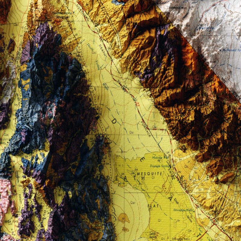 Death Valley California Map 1980, Geology :Shaded relief map – flat print (not a 3D raised map)