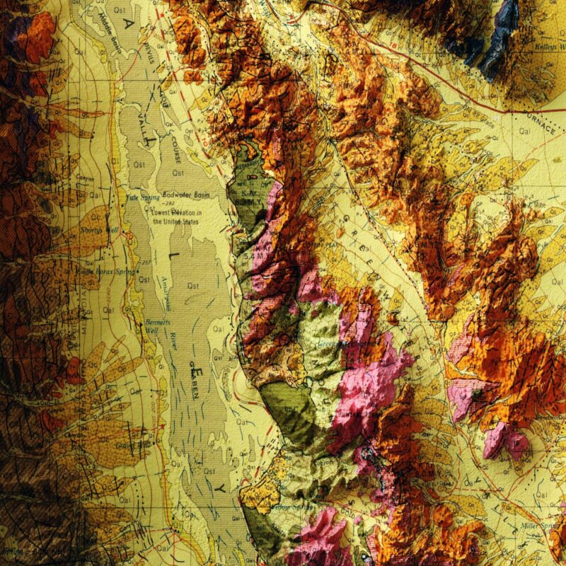 Death Valley California Map 1980, Geology :Shaded relief map – flat print (not a 3D raised map)