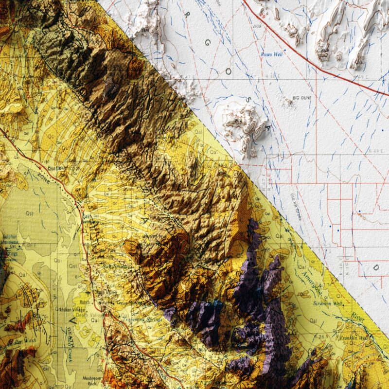 Death Valley California Map 1980, Geology :Shaded relief map – flat print (not a 3D raised map)