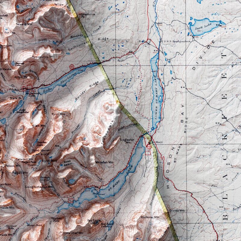 Glacier National Park Map, Topography :Shaded relief map – flat print (not a 3D raised map)