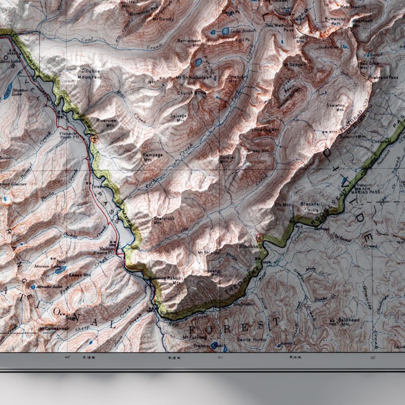 Glacier National Park Map, Topography :Shaded relief map – flat print (not a 3D raised map)