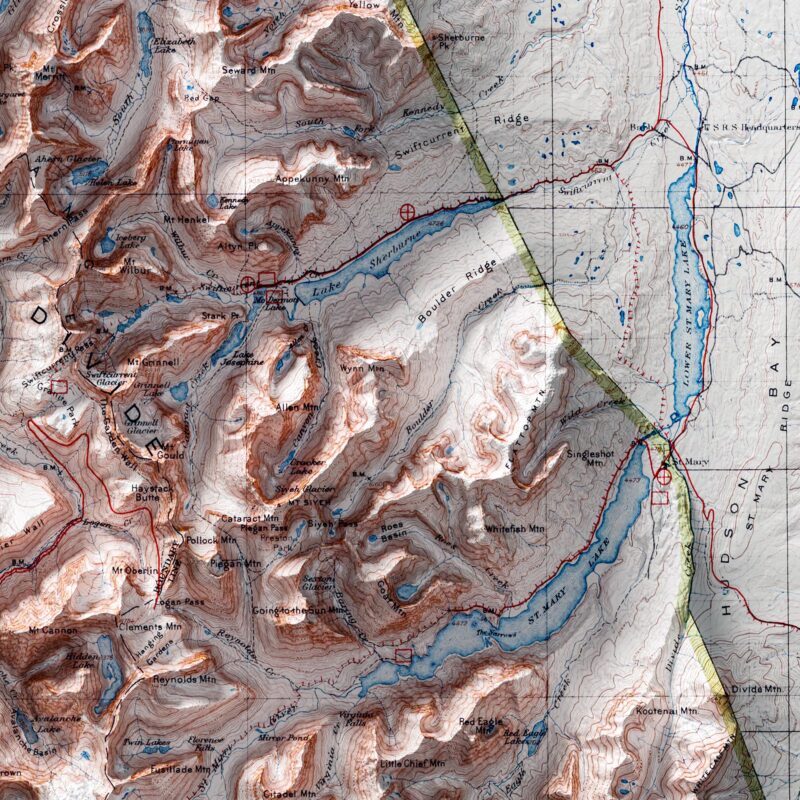 Glacier National Park Map, Topography :Shaded relief map – flat print (not a 3D raised map)