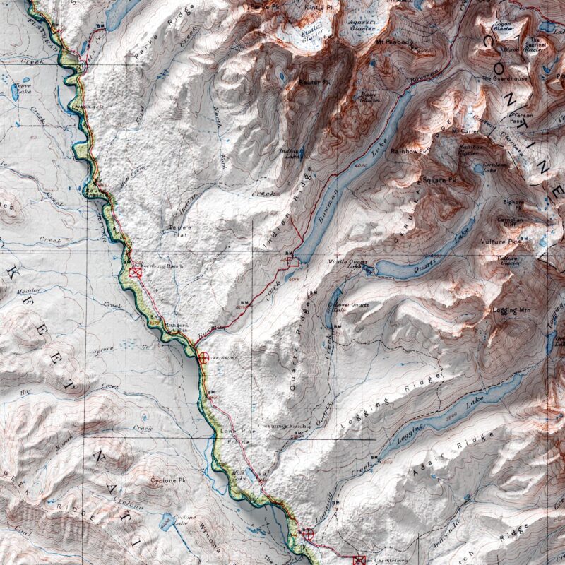 Glacier National Park Map, Topography :Shaded relief map – flat print (not a 3D raised map)