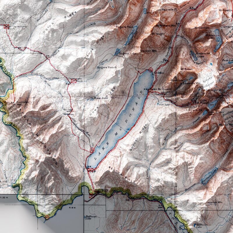 Glacier National Park Map, Topography :Shaded relief map – flat print (not a 3D raised map)