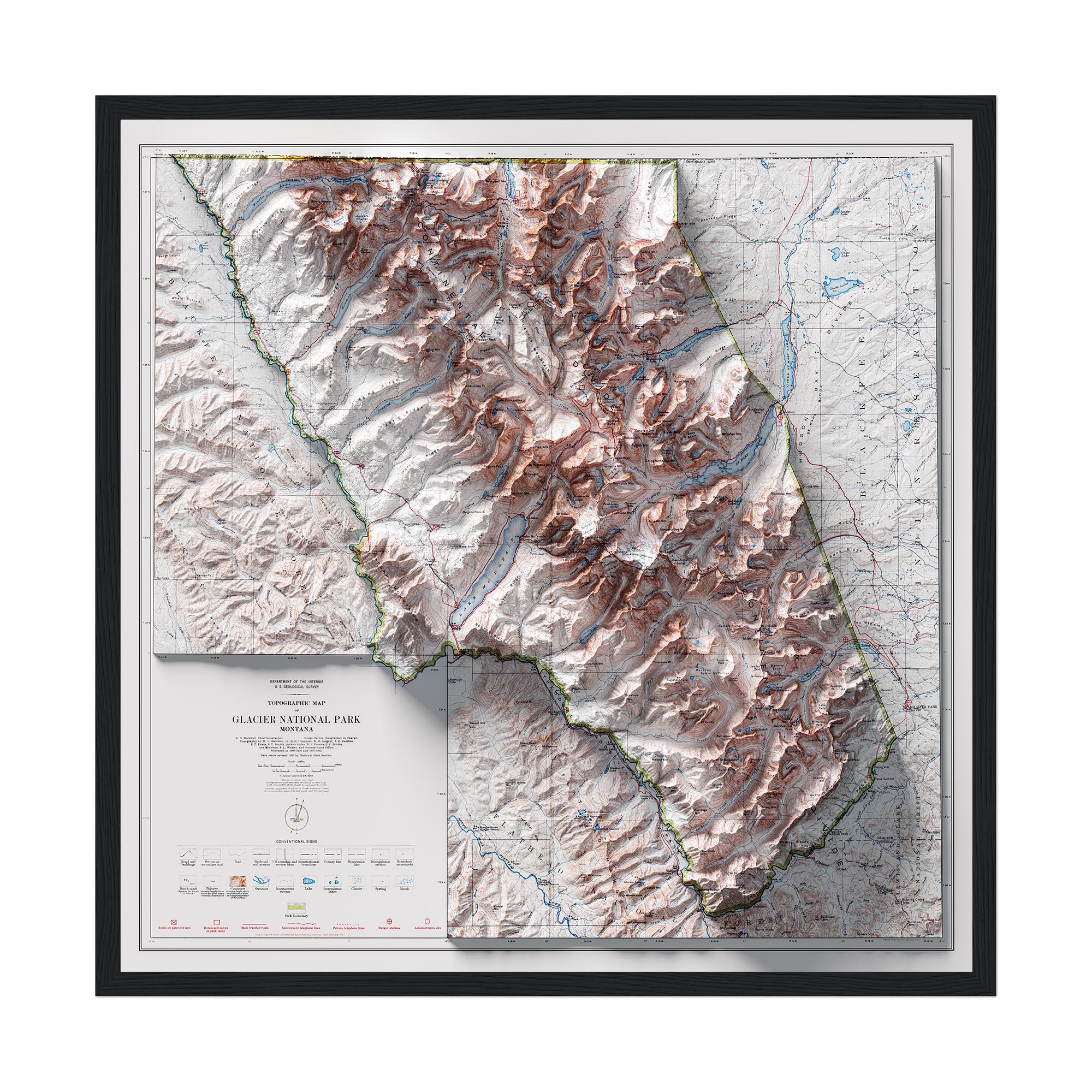 Glacier National Park Map, Topography :Shaded relief map – flat print (not a 3D raised map)
