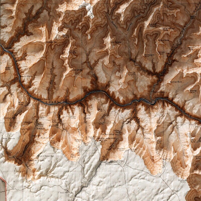 Grand Canyon National Park Map 1927, Topography :Shaded relief map – flat print (not a 3D raised map)