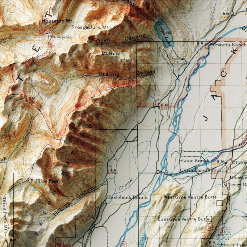 Grand Teton National Park Map 1899 :Shaded relief map – flat print (not a 3D raised map)
