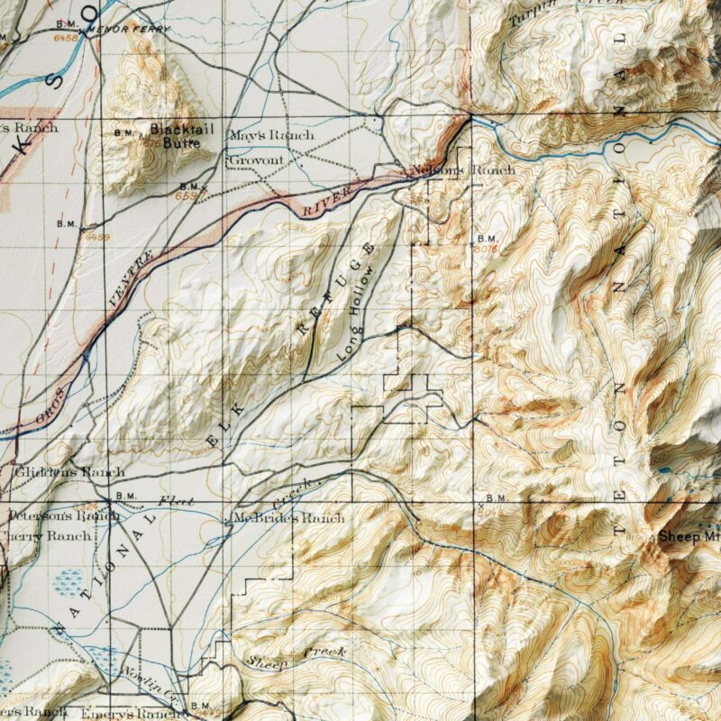 Grand Teton National Park Map 1899 :Shaded relief map – flat print (not a 3D raised map)