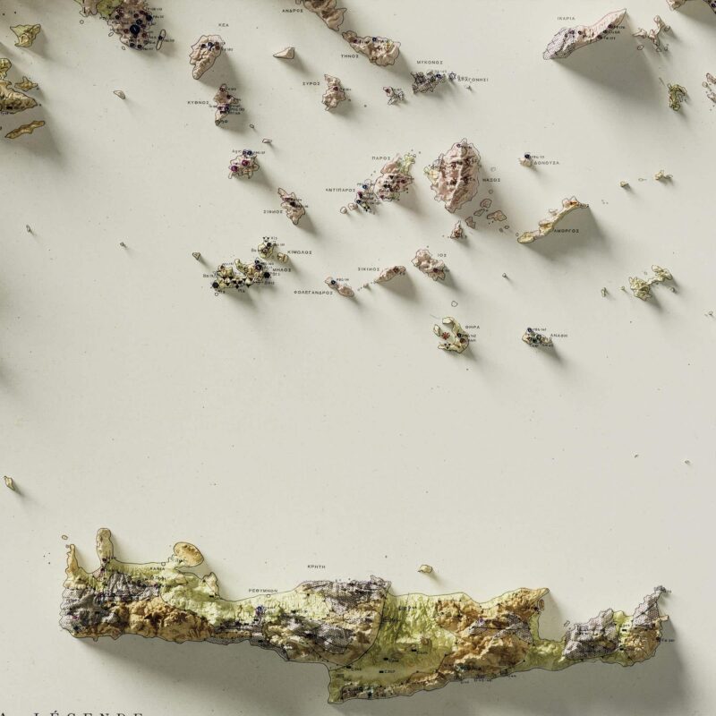 Greece Map 1965 :Shaded relief map – flat print (not a 3D raised map)