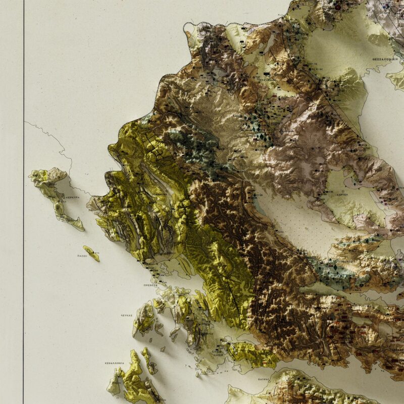 Greece Map 1965 :Shaded relief map – flat print (not a 3D raised map)