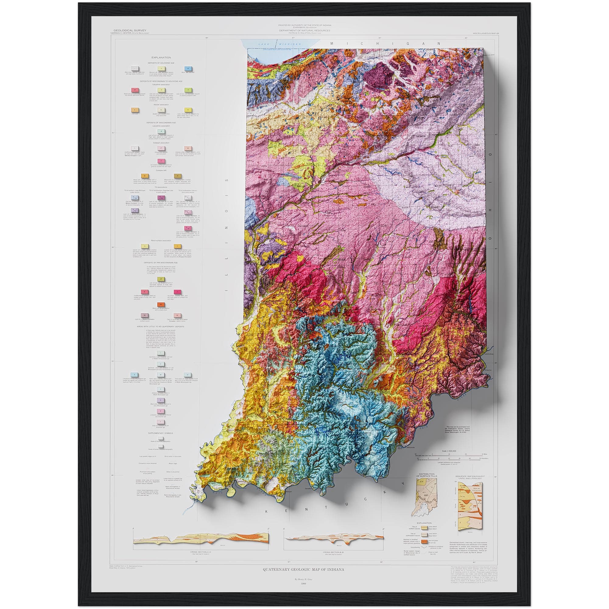 Indiana Geologic Map 1989 :Shaded relief map – flat print (not a 3D raised map)