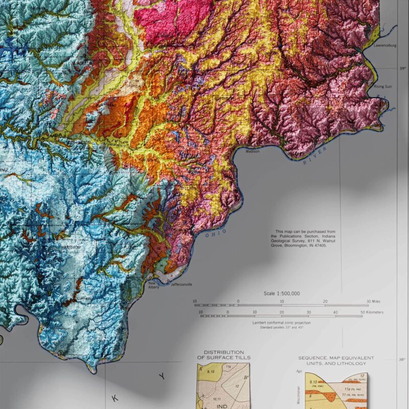 Indiana Geologic Map 1989 :Shaded relief map – flat print (not a 3D raised map)