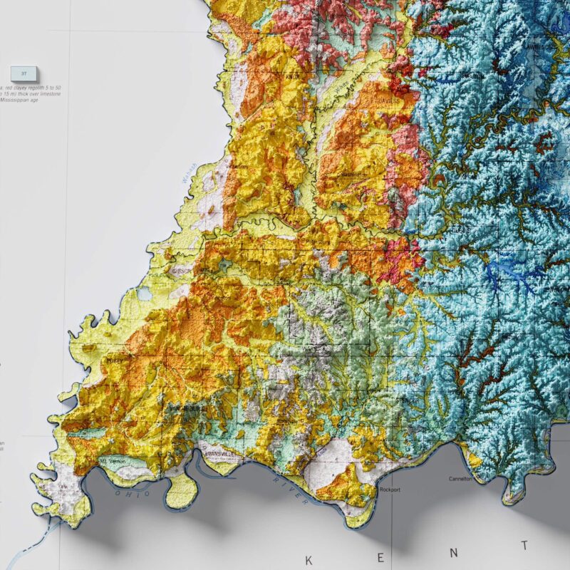 Indiana Geologic Map 1989 :Shaded relief map – flat print (not a 3D raised map)