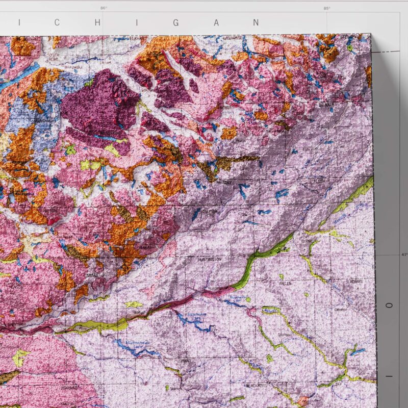 Indiana Geologic Map 1989 :Shaded relief map – flat print (not a 3D raised map)