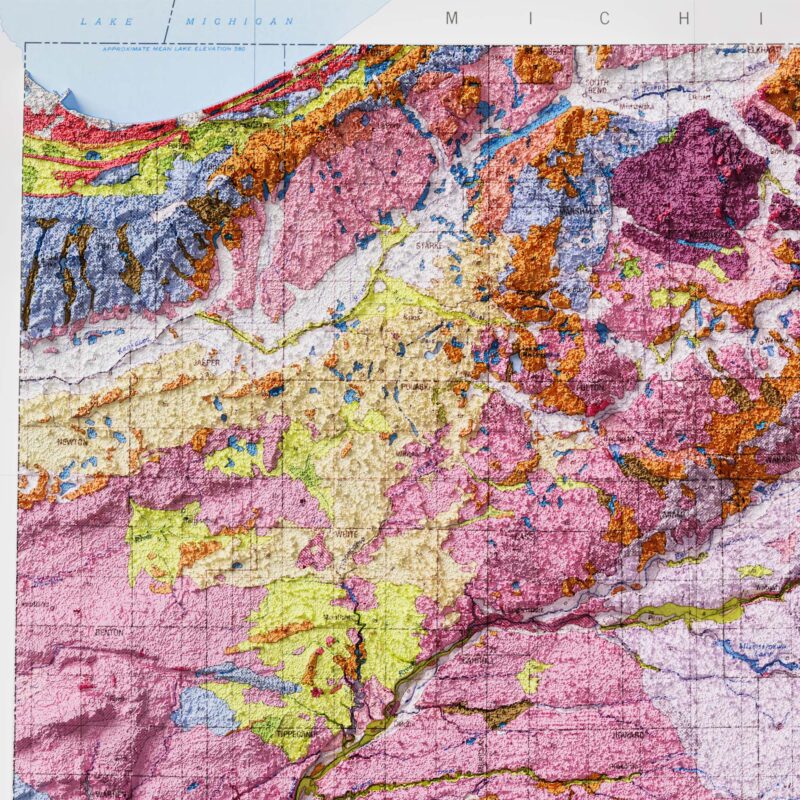 Indiana Geologic Map 1989 :Shaded relief map – flat print (not a 3D raised map)