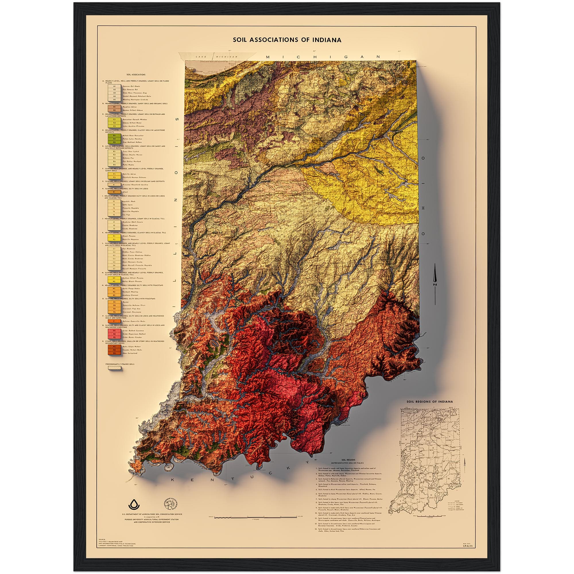 Indiana Map 1973, Geology :Shaded relief map – flat print (not a 3D raised map)