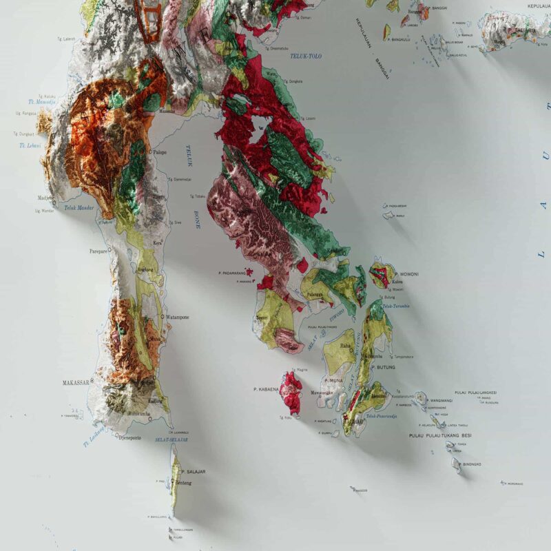 Indonesia Geological Map 1965 :Shaded relief map – flat print (not a 3D raised map)
