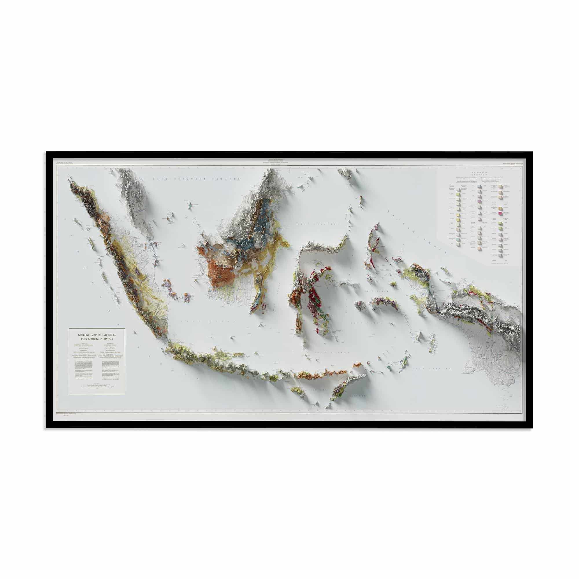 Indonesia Geological Map 1965 :Shaded relief map – flat print (not a 3D raised map)