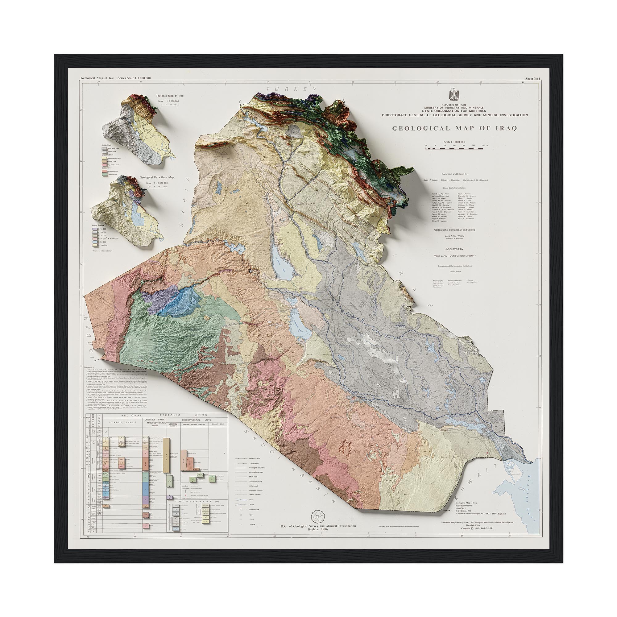 Iraq Geological Map 1986 :Shaded relief map – flat print (not a 3D raised map)