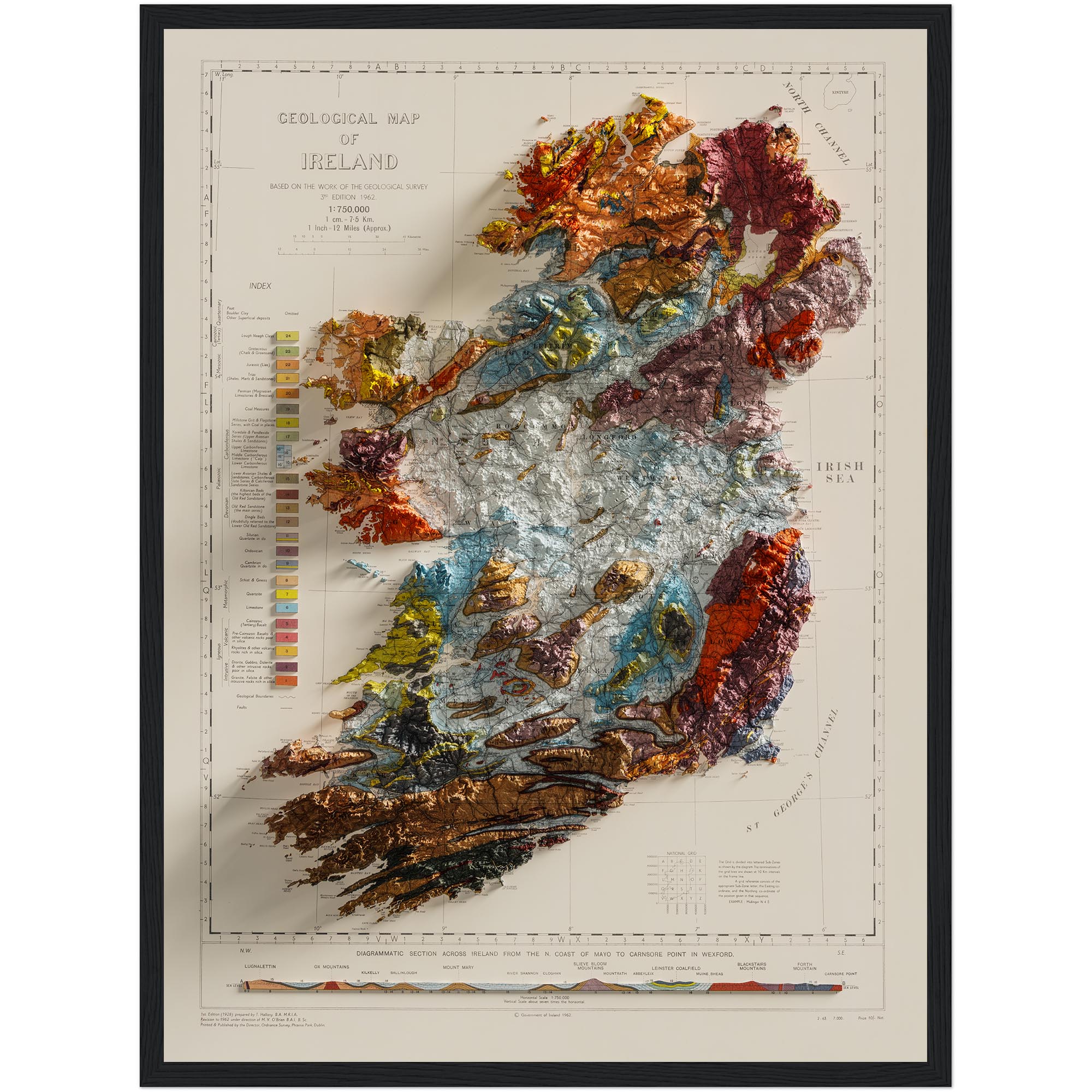 Ireland Map 1962, Geology :Shaded relief map – flat print (not a 3D raised map)