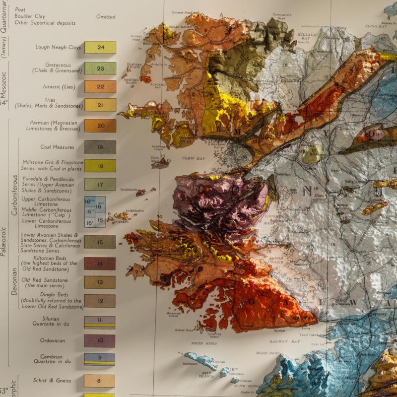 Ireland Map 1962, Geology :Shaded relief map – flat print (not a 3D raised map)