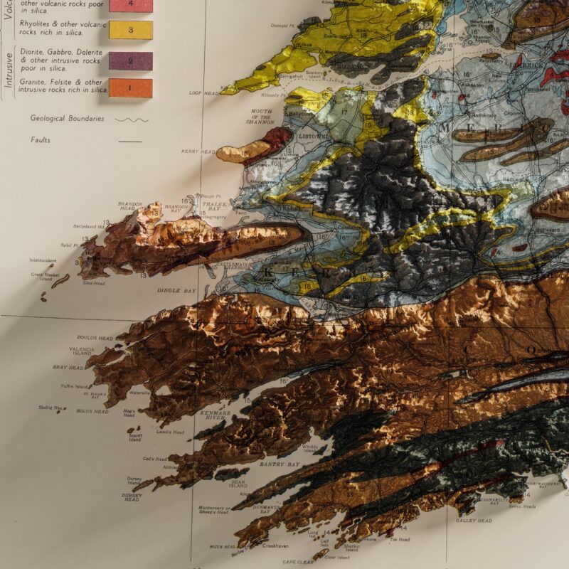 Ireland Map 1962, Geology :Shaded relief map – flat print (not a 3D raised map)