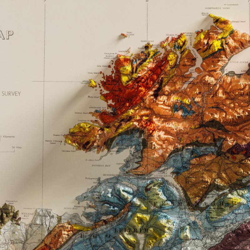 Ireland Map 1962, Geology :Shaded relief map – flat print (not a 3D raised map)