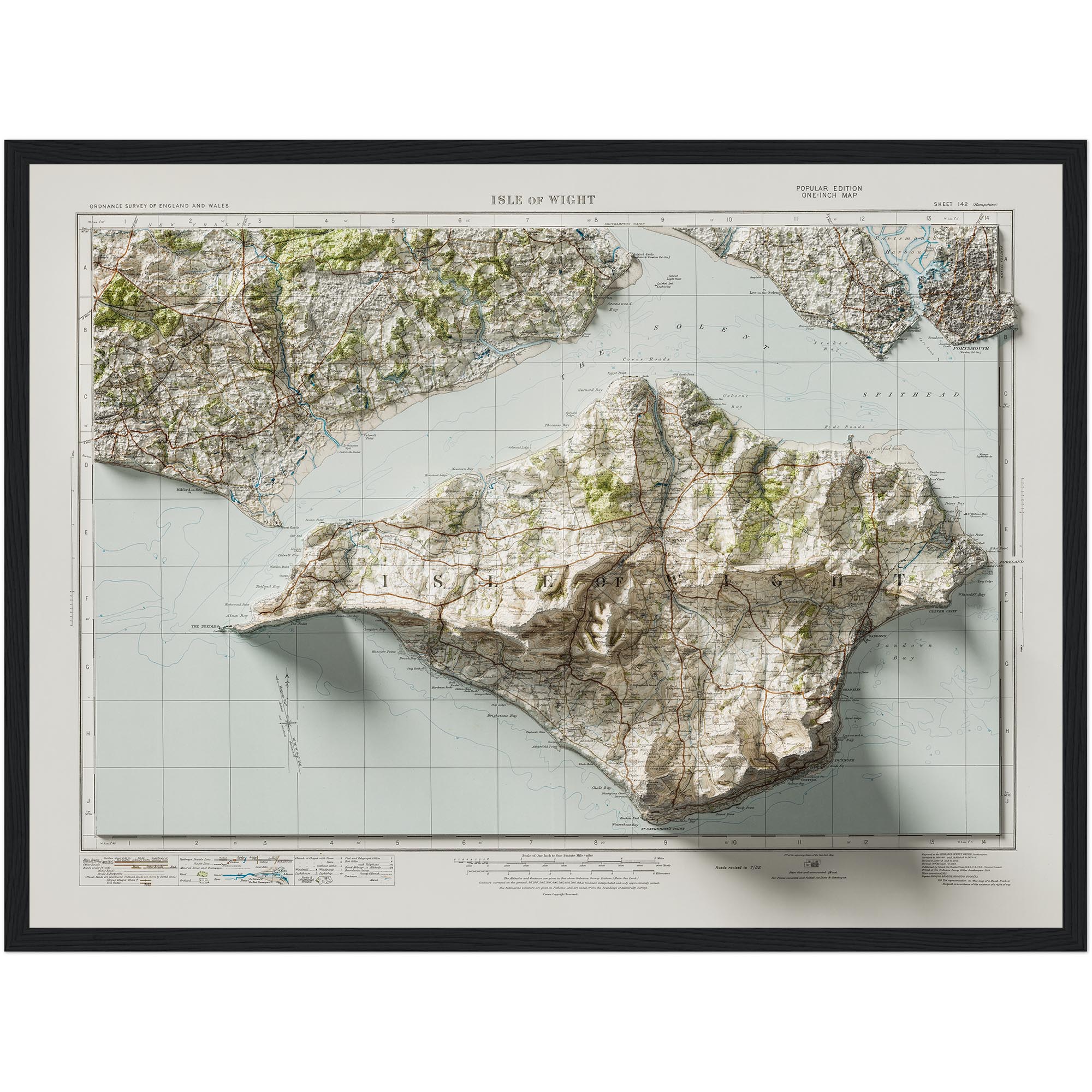 Isle of Wight Map 1919 :Shaded relief map – flat print (not a 3D raised map)
