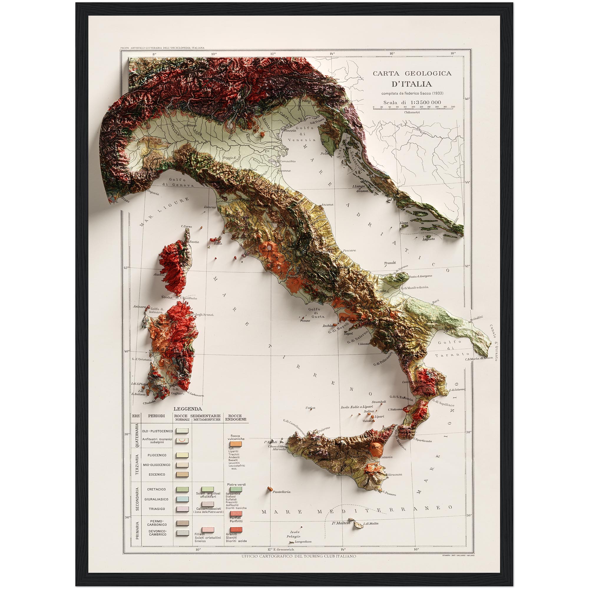 Italy Map 1933, Geology :Shaded relief map – flat print (not a 3D raised map)
