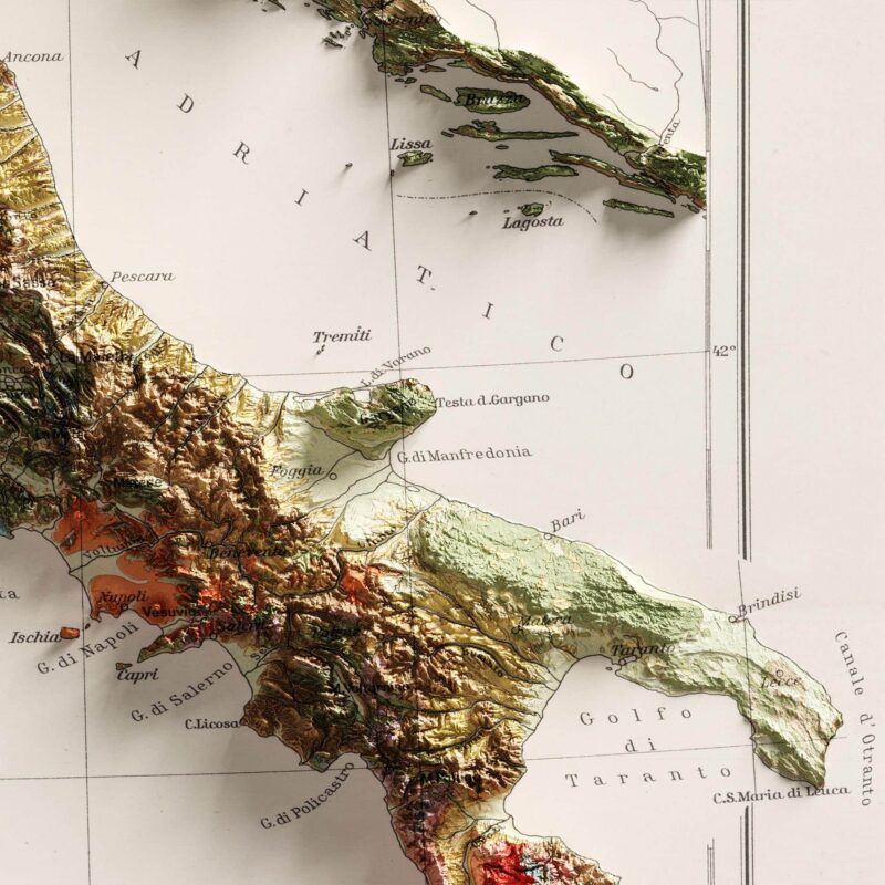 Italy Map 1933, Geology :Shaded relief map – flat print (not a 3D raised map)