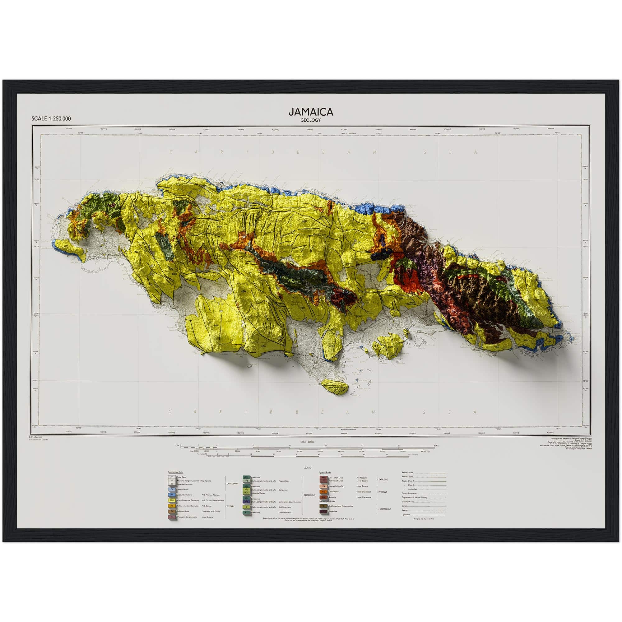 Jamaica Geological Map 1972 :Shaded relief map – flat print (not a 3D raised map)