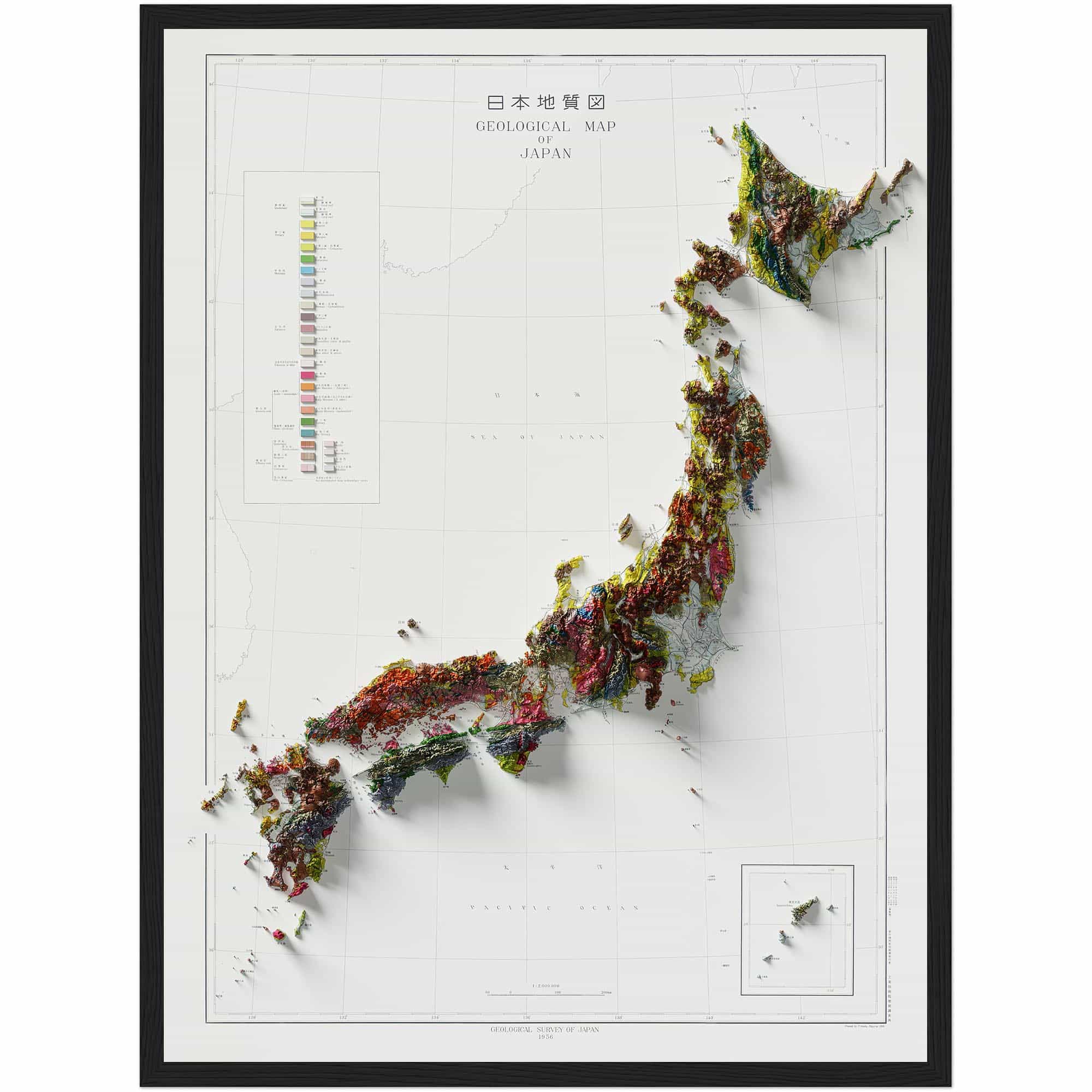 Japan Geological Map 1956 :Shaded relief map – flat print (not a 3D raised map)