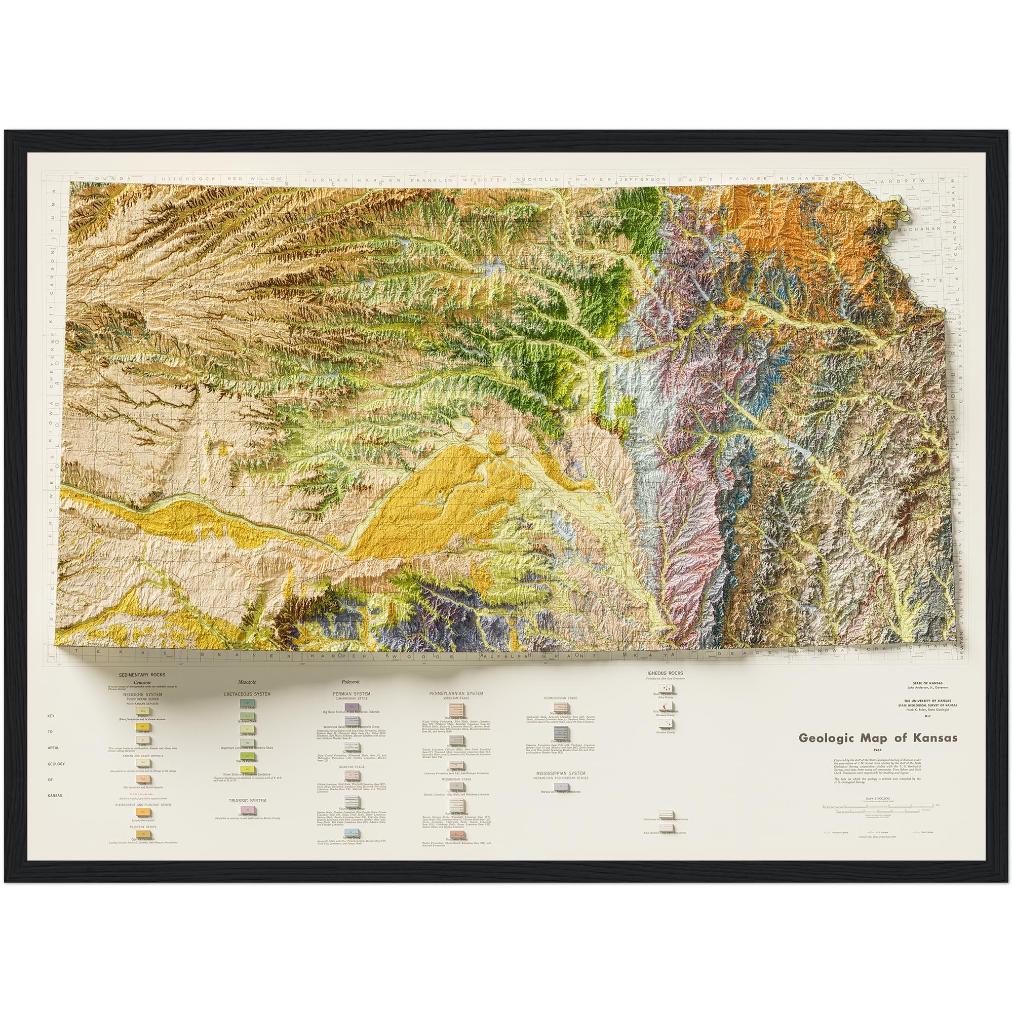 Kansas Map 1964, Geology :Shaded relief map – flat print (not a 3D raised map)