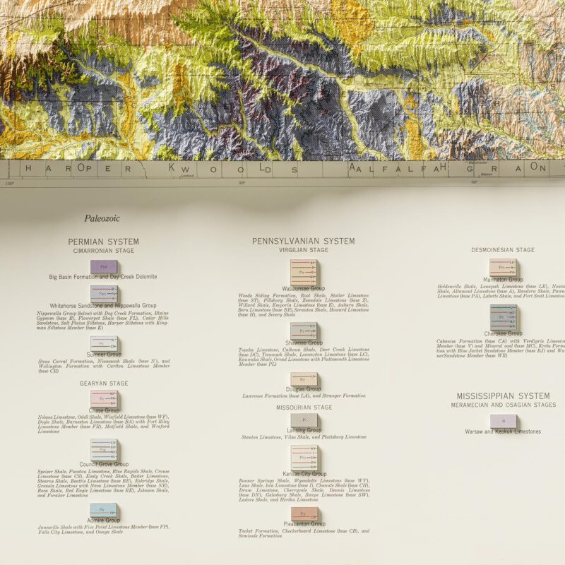 Kansas Map 1964, Geology :Shaded relief map – flat print (not a 3D raised map)
