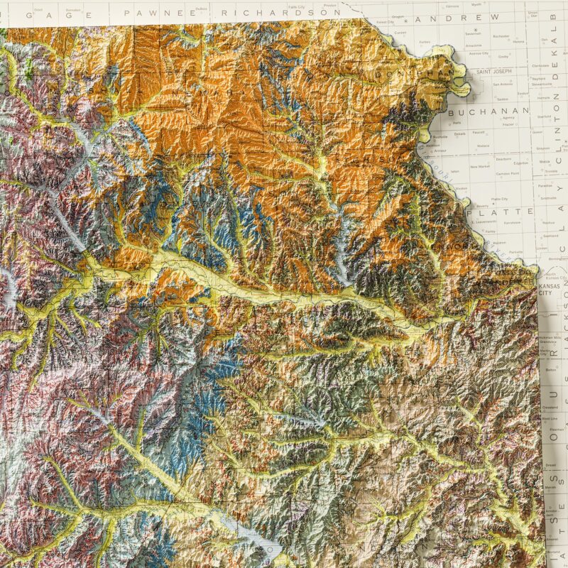 Kansas Map 1964, Geology :Shaded relief map – flat print (not a 3D raised map)