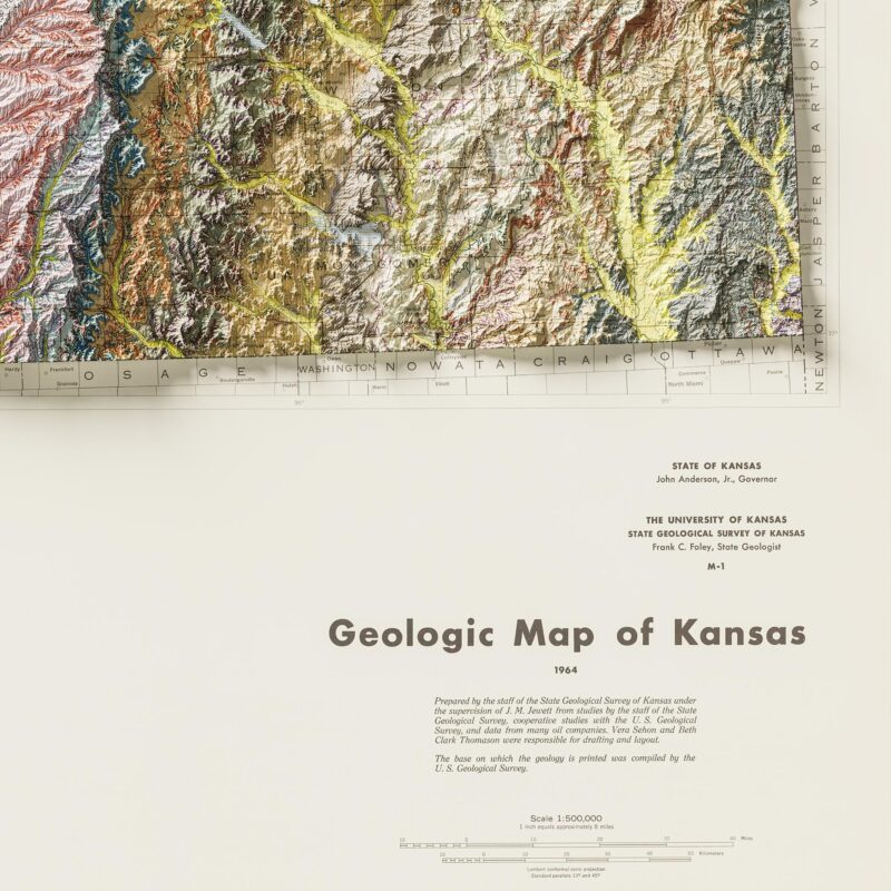 Kansas Map 1964, Geology :Shaded relief map – flat print (not a 3D raised map)