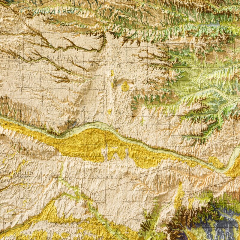 Kansas Map 1964, Geology :Shaded relief map – flat print (not a 3D raised map)