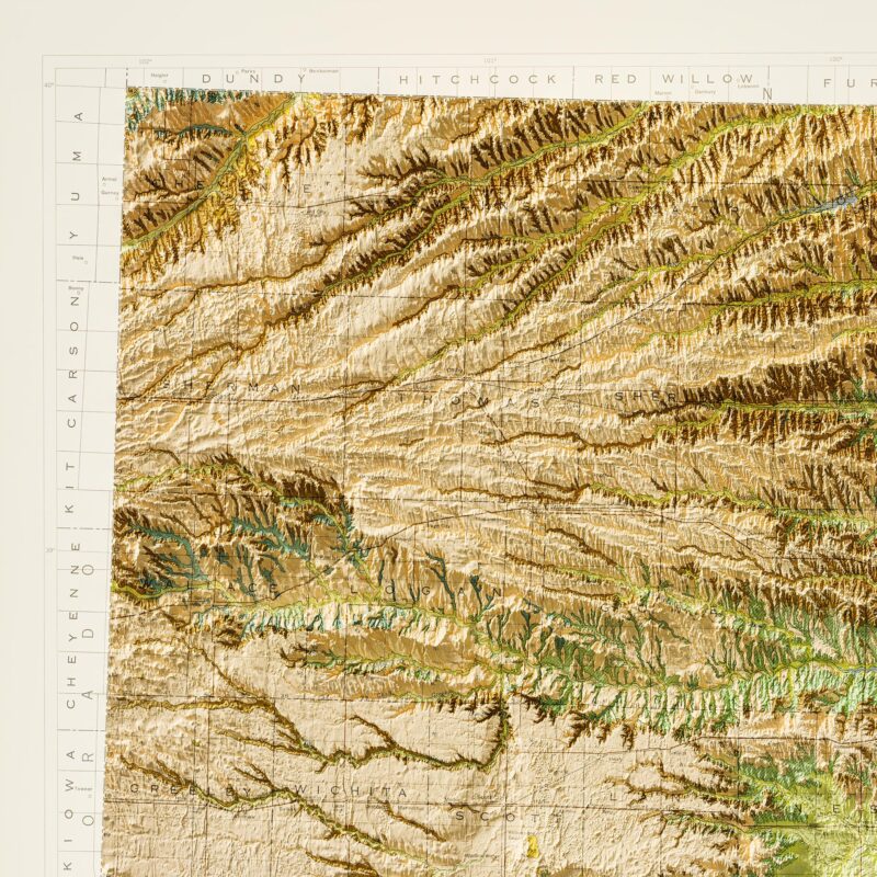 Kansas Map 1964, Geology :Shaded relief map – flat print (not a 3D raised map)