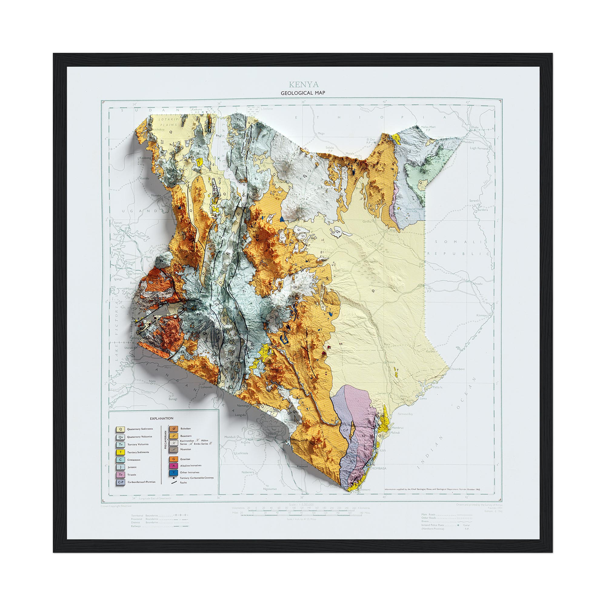 Kenya Map 1962 :Shaded relief map – flat print (not a 3D raised map)