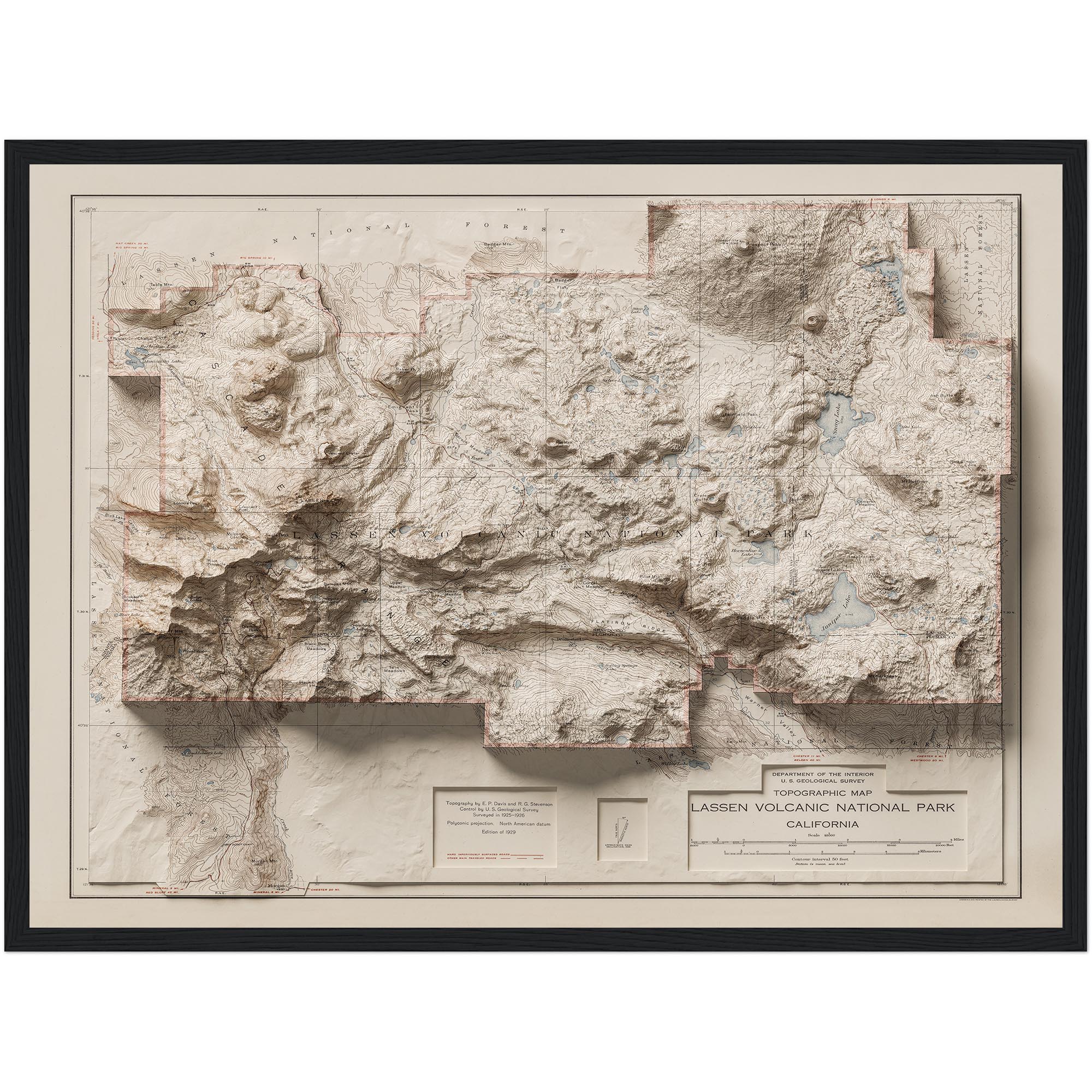 Lassen Volcanic National Park Map : Shaded relief map – flat print (not a 3D raised map)