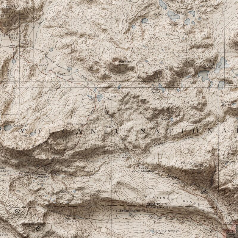 Lassen Volcanic National Park Map : Shaded relief map – flat print (not a 3D raised map)